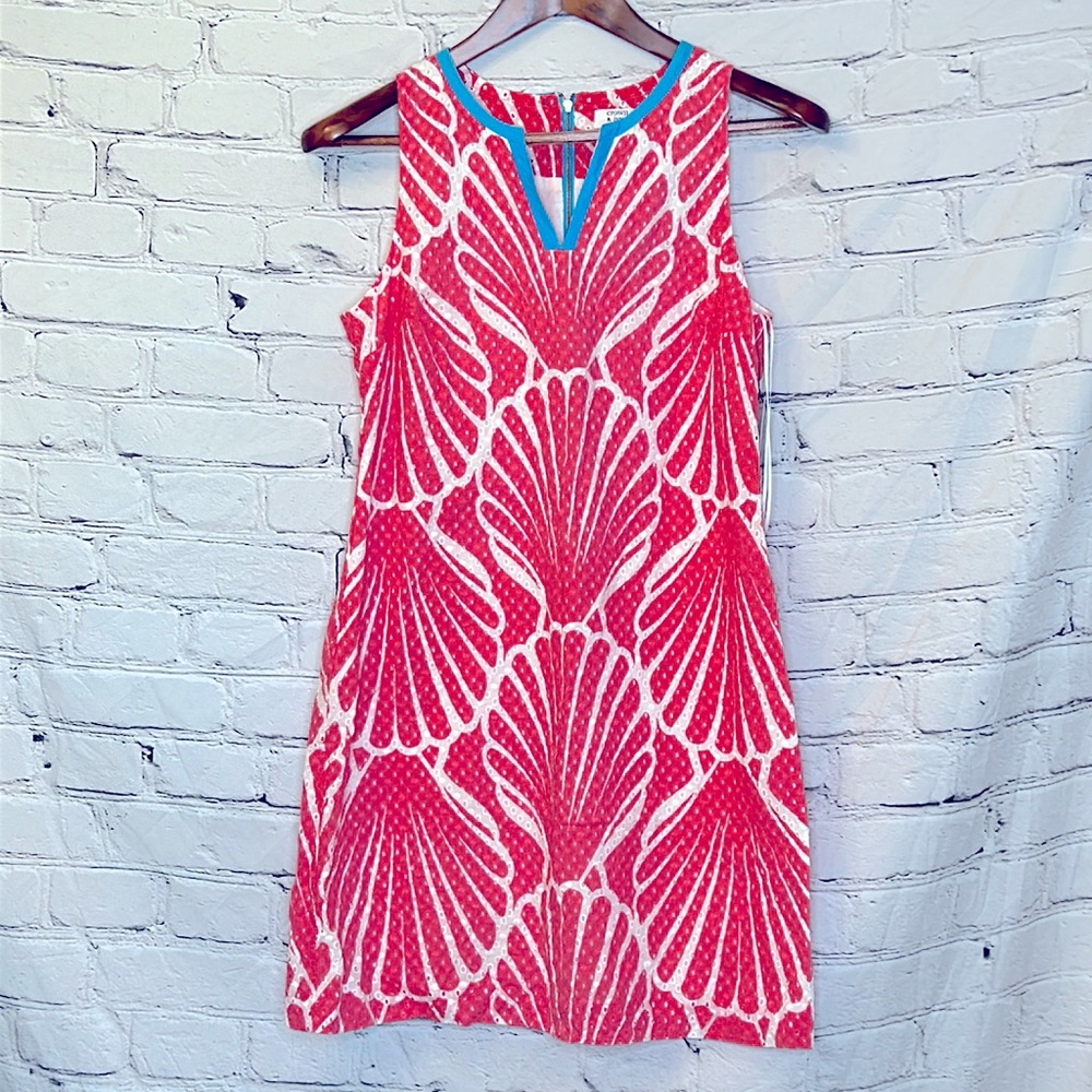 Crown & Ivy Coral White Eyelet Shell Print Sleeveless Dress Size 6P